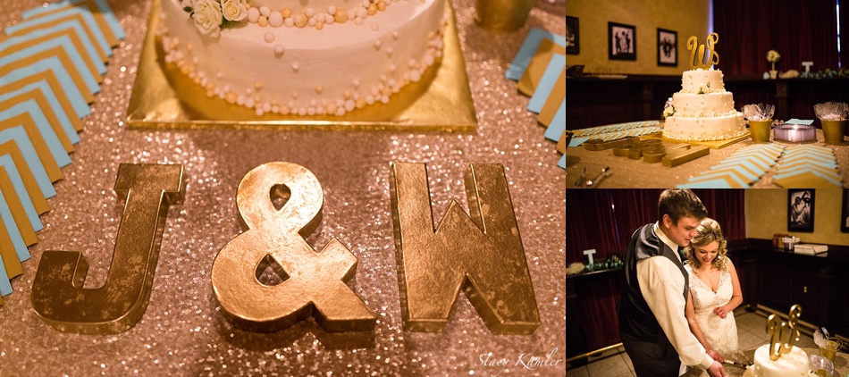 Cake Cutting with Rose Gold Sequins Table Cloth and Teal napkins