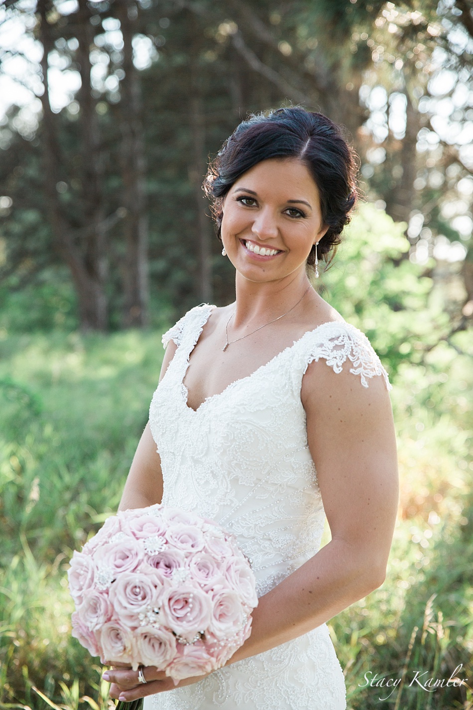 Bride and her pink rose bouquet