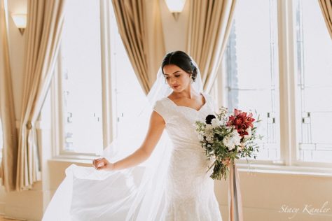 Cathedral length veil with Lace cap sleeve dress