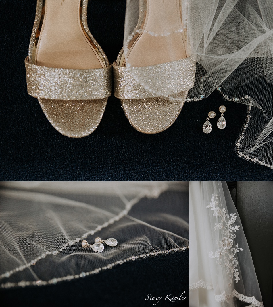 Detail shots of the gold shoes, veil and earrings
