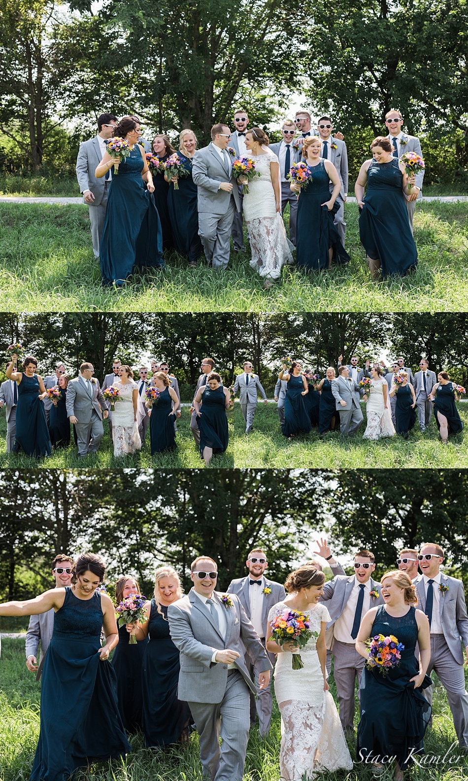 Bridal Party Photos in Roca, Ne with Navy Blue Dresses and Grey Suits