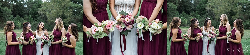 Bride and Bridesmaids in burgundy dresses