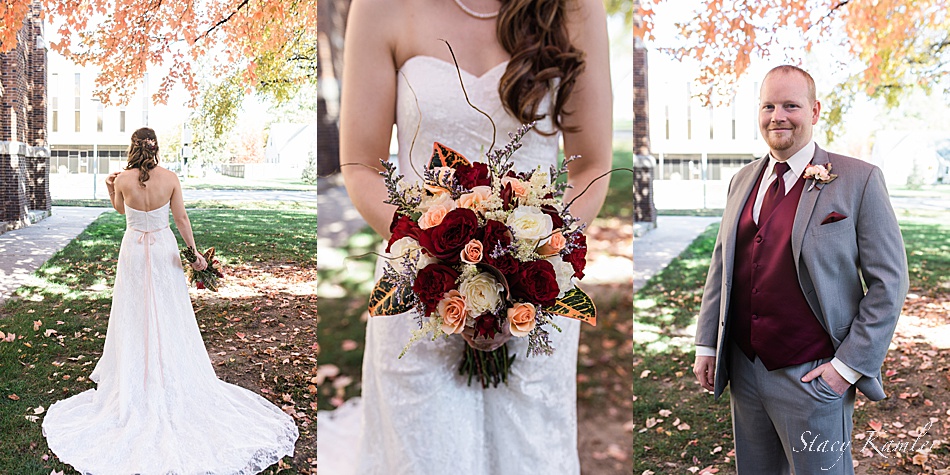 Bridal Portraits of bride and groom with red and peach flowers