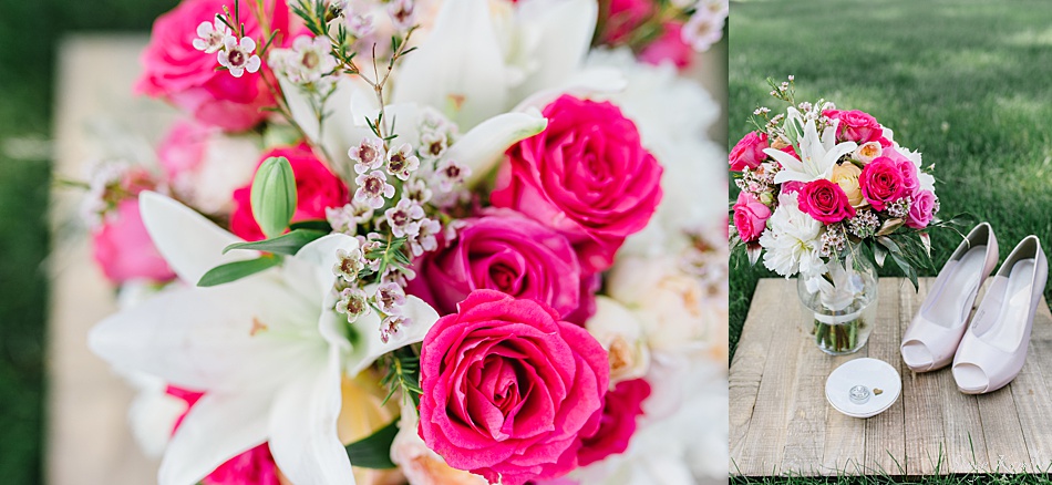 Pink Roses in bouquet and bridal heels