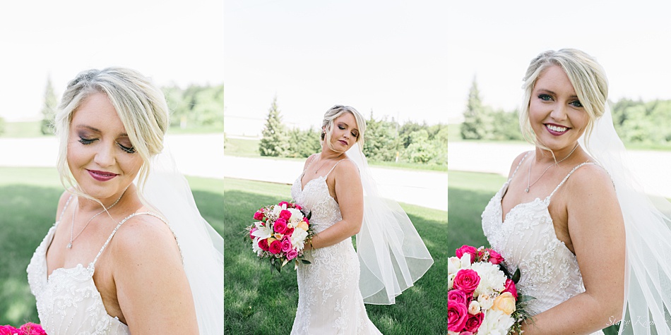 Bridal Portrait in a lace dress and pink flowers