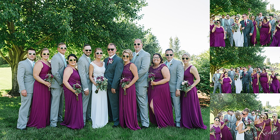 Grey Tuxes and Sangria dresses for the bridal Party
