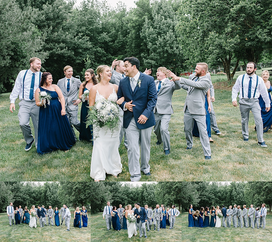 Bridal Party in Blue dresses and grey tuxes